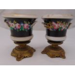 A pair of late 19th century continental vases, campagna form on gilded metal base, 23.5cm (h)