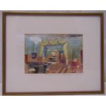 A framed and glazed watercolour titled The Kings Bedroom, Royal Pavilion Brighton, indistinctly