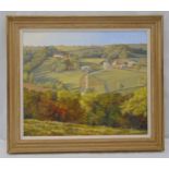Bert Wright framed oil on canvas of a country landscape, label to verso, 50 x 60cm