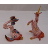 Two Herend fishnet figurines, a unicorn and a fish, marks to the bases, tallest 12cm (h)