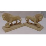 A pair of reconstituted stone Venetian lions of customary on raised rectangular pedestals, 15 x 34.5