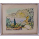 A framed and glazed watercolour of trees and cliffs by the sea, indistinctly signed and dated 1929