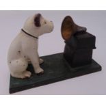 A cast iron figurine of HMV Nipper Dog and Phonograph Gramophone on rectangular base, 13 x 20 x 8.