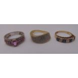 Three 9ct gold rings set with various coloured stones, approx total weight 9.1g