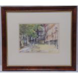 Michael Aubrey framed and glazed watercolour of figures walking by houses in a London legal area,
