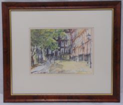 Michael Aubrey framed and glazed watercolour of figures walking by houses in a London legal area,