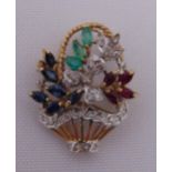 9ct gold flower brooch set with diamonds, emeralds, rubies and sapphires, approx total weight 3.9g