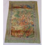 A Tibetan silk Tanka, rectangular depicting deities, figures and vegetation in an idealized setting,