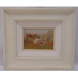 A framed oil on panel sketch of cows titled Cows in The Pasture, details to verso, attributed to