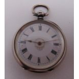 Silver hallmarked open face pocket watch with white enamel dial and Roman numerals