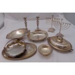 A quantity of silver plate to include trays, dishes, entr‚e dish and cover, candlesticks and