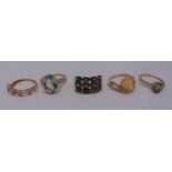 Five 9ct gold rings set with various coloured stones, approx total weight 12.9g