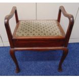 A mahogany rectangular piano stool with hinged upholstered seat on four cabriole legs, 63 x 51 x