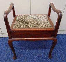 A mahogany rectangular piano stool with hinged upholstered seat on four cabriole legs, 63 x 51 x
