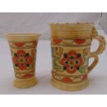 Two Charlotte Rhead vases one with carrying handle, tallest 19cm (h)