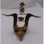 A brass and horn desk set with pen holder and ink wells, 26 x 32 x 22cm