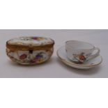 A miniature Meissen cup and saucer and a pill and patch box, A/F