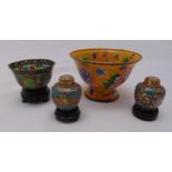 A quantity of cloisonné to include a bowl and two miniature covered jars and Pique-A-Jour bowl