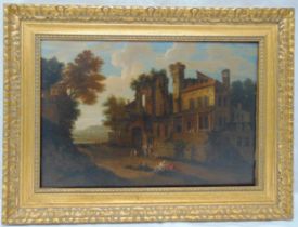 A 19th century continental framed oil on canvas of figures in front of a ruined villa, 39 x 57cm