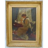 A framed oil on canvas of a lady seated at a desk writing a letter, 58 x 45cm