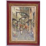 A framed and glazed watercolour of figures in a market, indistinctly signed bottom right, 47 x 32cm