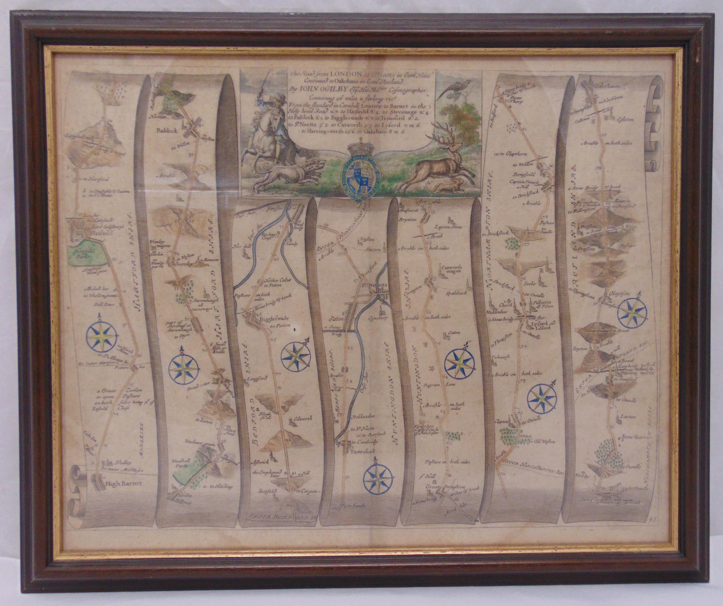 An antique framed and glazed road map from London to St Neots and Rutland by John Ogilby, frame 43 x