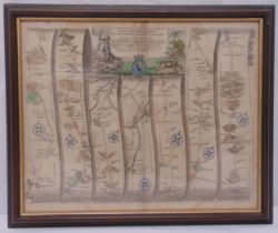 An antique framed and glazed road map from London to St Neots and Rutland by John Ogilby, frame 43 x