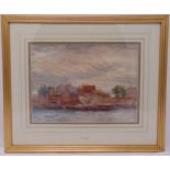 William Freeman framed and glazed watercolour of buildings by a river, 26.5 x 36.5cm