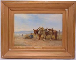 Henry Garland framed oil on canvas of donkeys on the beach titled Waiting for Orders, signed