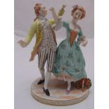 A Dresden figural group of a lady and gentleman in 18th century costume dancing on raised oval base,