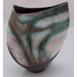 David Howard Jones ceramic Raku vase of oval section and polychromatic geometric decoration,