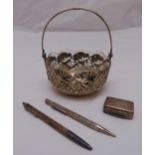 A quantity of hallmarked silver and white metal to include a pill box, a pen, a pencil and a