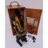 Leitz Wetzler brass mounted microscope in fitted case to include additional lenses, circa 1930