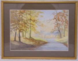 Norma Harvey framed and glazed watercolour titled Autumn Beech Wood near Amersham, details to verso,