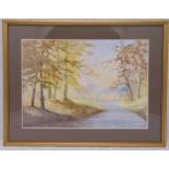 Norma Harvey framed and glazed watercolour titled Autumn Beech Wood near Amersham, details to verso,