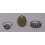 Three 9ct gold rings set with various coloured stones, approx total weight 10.6g