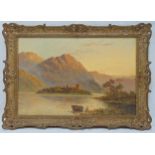 F.E. Jameson framed oil on canvas of a Scottish Highland lake and mountain scene with a boat in