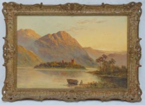 F.E. Jameson framed oil on canvas of a Scottish Highland lake and mountain scene with a boat in