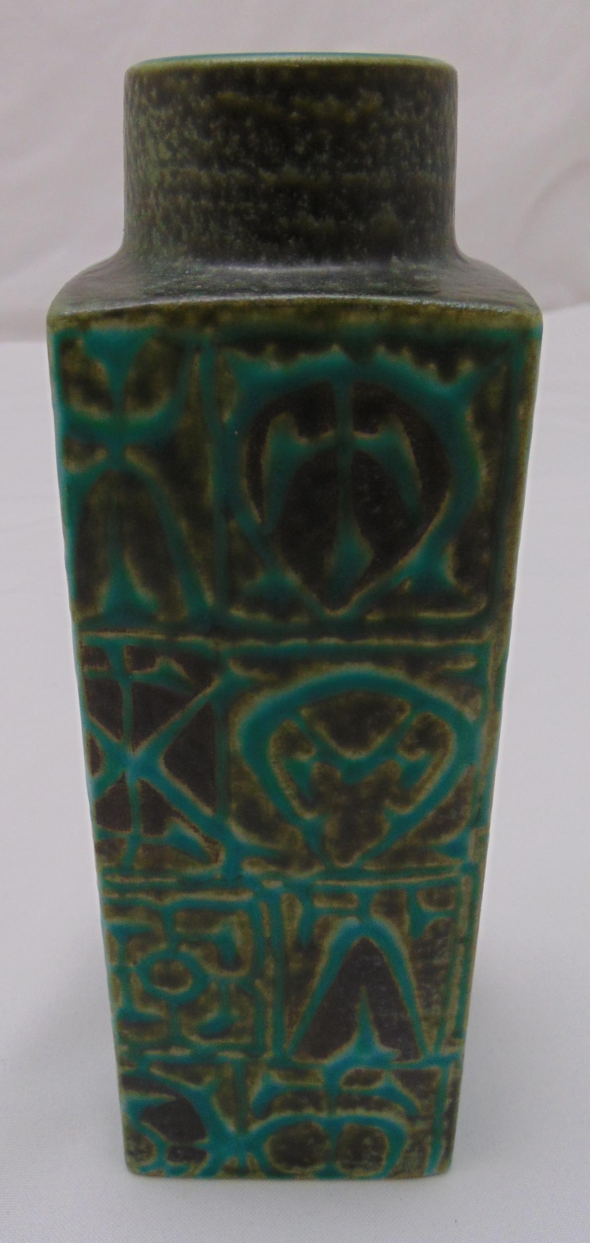 Royal Copenhagen rectangular Fajance green vase, marks to the base, 22cm (h)