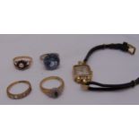 Four 9ct gold rings set with various stones and a Rotary 9ct gold ladies wristwatch