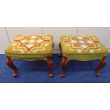 A pair of mahogany upholstered foot stools on cabriole legs, 40 x 50 x 44cm