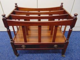 A mahogany Canterbury of customary form with one drawer on four castors, 52.5 x 55.5 x 35cm