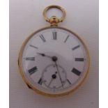 14ct yellow gold open face pocket watch with enamel dial, Roman numerals and subsidiary seconds