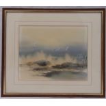 A framed and glazed watercolour of a beach scene with birds hovering above the waves, indistinctly