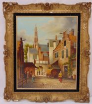 A. Dorstberg framed oil on panel of a Dutch cityscape with figures in the foreground, signed