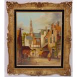 A. Dorstberg framed oil on panel of a Dutch cityscape with figures in the foreground, signed