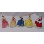 Five Royal Doulton figurines of ladies in various styles and coloured dresses, tallest 22cm (h)