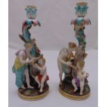 A pair of Meissen figural table candlesticks with female and child on raised circular base, circa