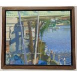 David Parfitt framed oil on panel titled Bridge, Boatyard at High Tide, 24.5 x 29.5cm