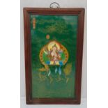Tibetan rectangular framed ceramic plaque of a Buddha surrounded by clouds and scrolls, signed